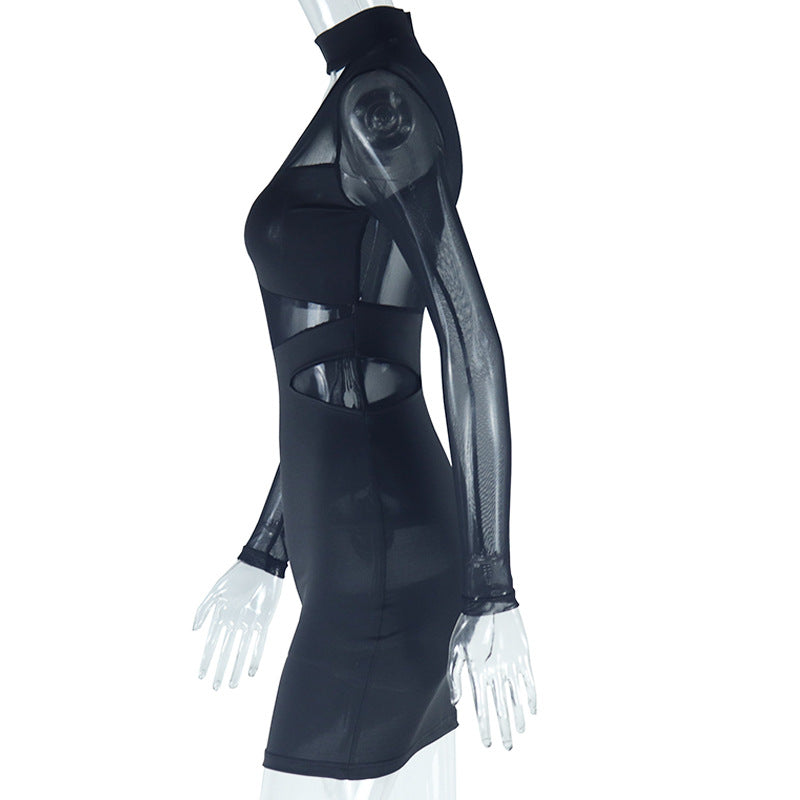 Women Solid Sexy Hollow Mesh Patchwork Bodycon Dress 9