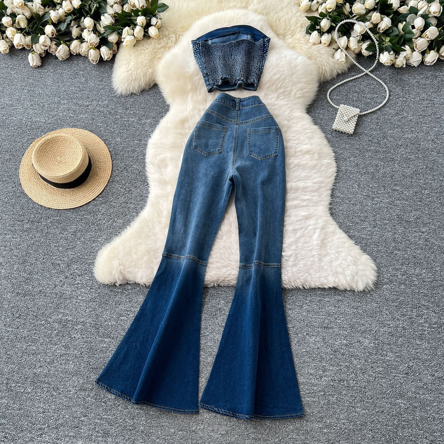 Fashion Beaded Denim summer Strapless Vest High Waist Denim Bell Bottom Trousers Two Piece Set for Women 4