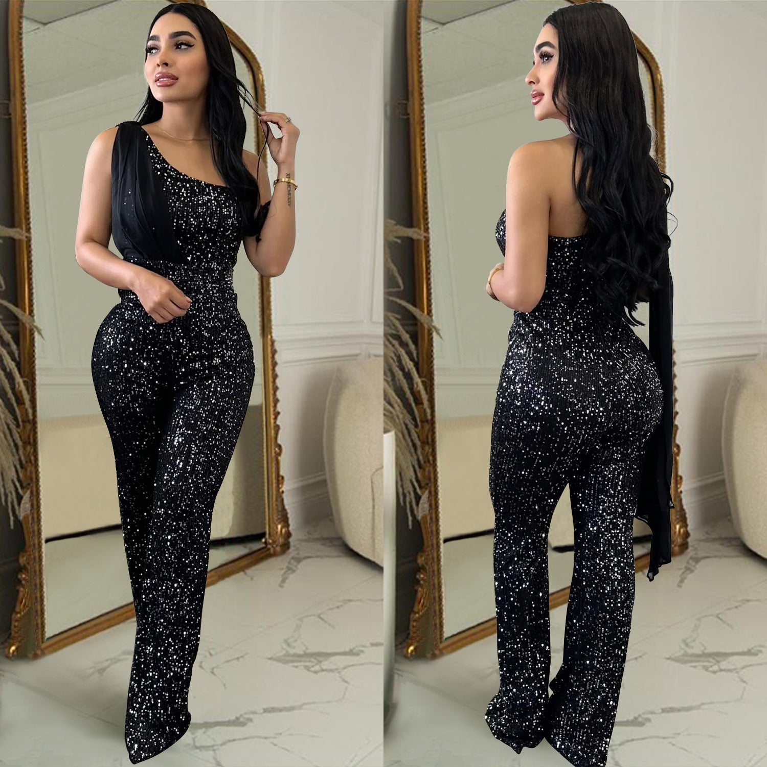 Women Solid Sleeveless One Shoulder Sequin Jumpsuit