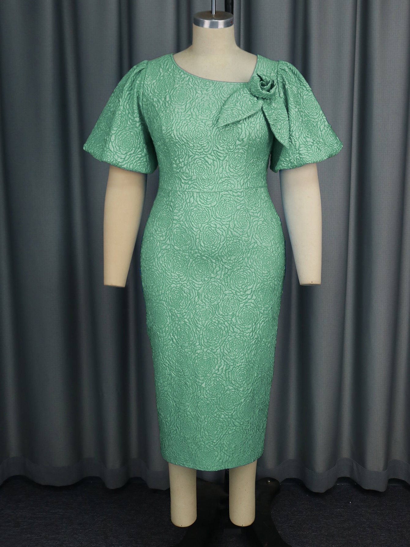 Plus Size Asymmetrical Puff Sleeve High Waist Jacquard Formal Dress 20