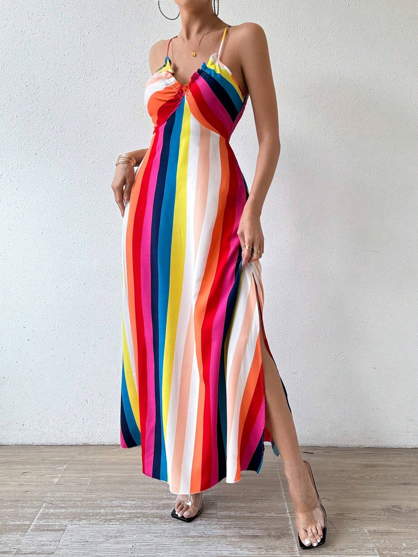 Women Backless Rainbow Suspender Print Dress 3