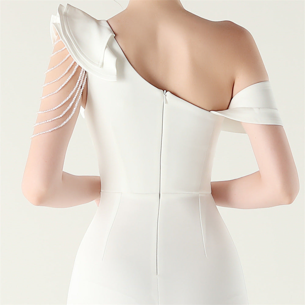 Women ruffled one-shoulder beaded fishtail formal party evening dress 34