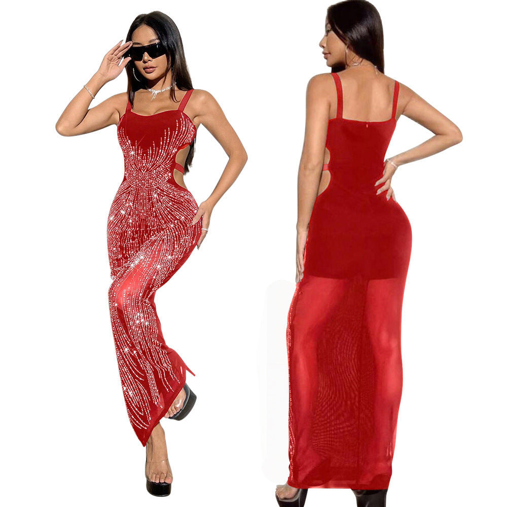 Women Sexy Halter Hollow Beaded See-Through Dress 6