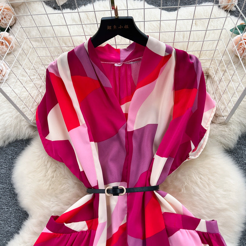 Women Vintage V-Neck Print Summer French Lace-Up Maxi Shirt Dress 15