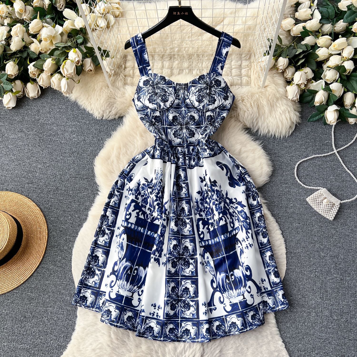 Women French Suspender Printed Strapless Dress 7