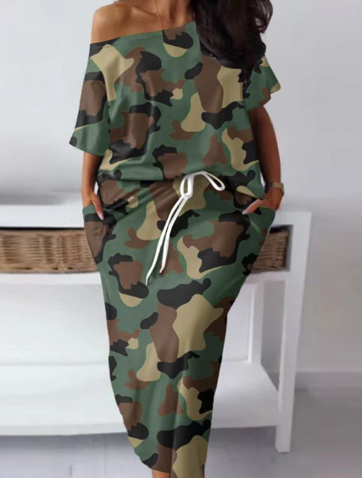 Summer Women Camouflage T-Shirt Short Sleeve And Skirt Two-piece Set