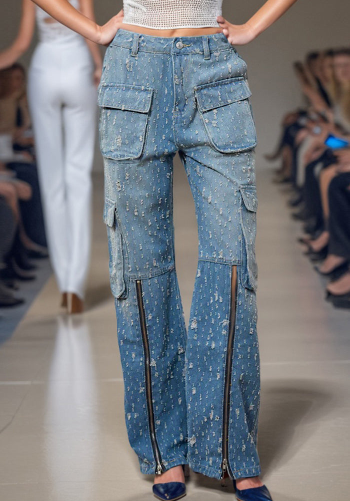 Spring Trend Ripped Pocket Blue Cargo Pants High Waist Long Denim Trousers
