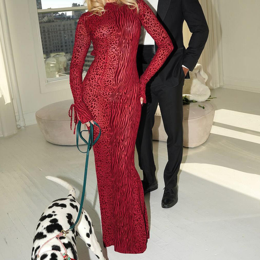 Sexy Low Back Bell Bottom Sleeve Fishtail Red Leopard Print Mesh Long Dress 6