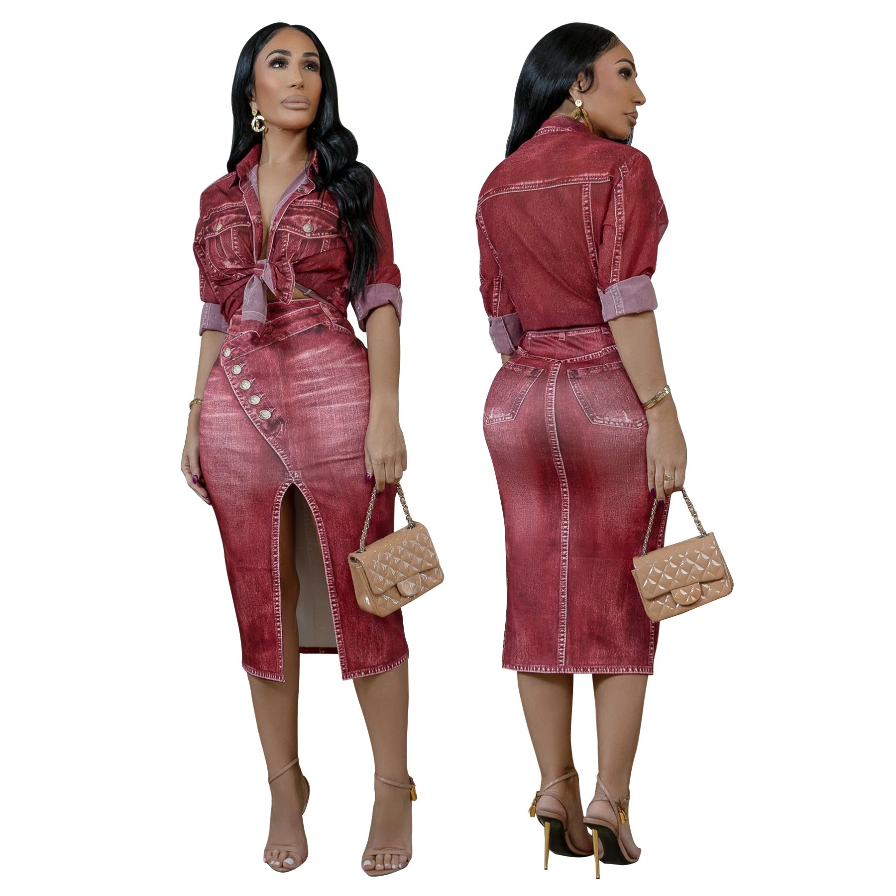 Women printed long sleeve top and skirt two-piece set 3