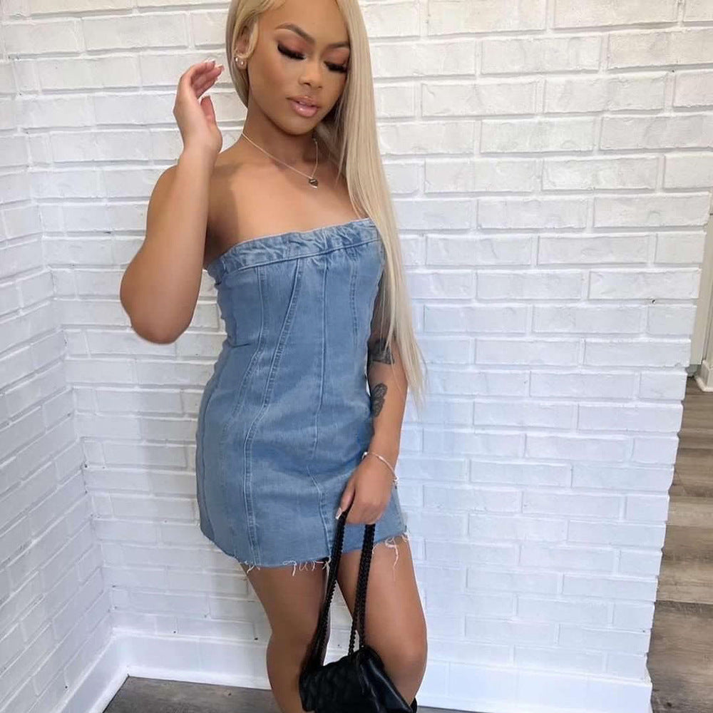 Spring Summer Sexy Strapless Denim Dress 5