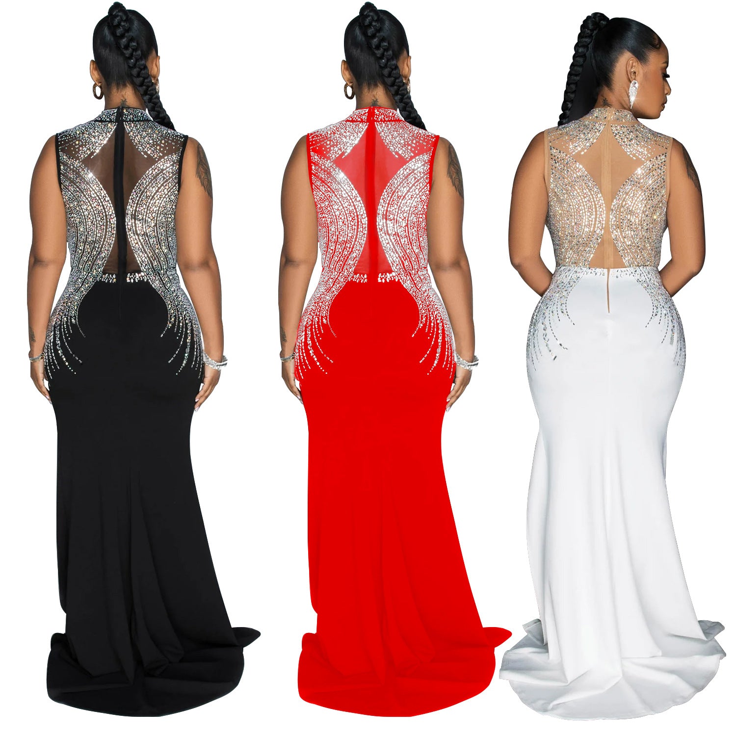 Women Solid Mesh Beaded Slit Maxi Dress 8