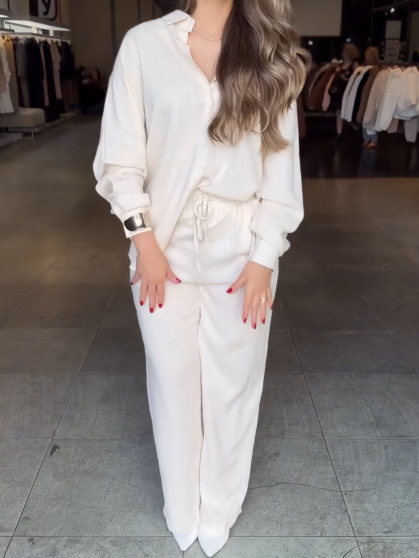 Women's Beaded Star-Embellished Blouse & Drawstring Wide-Leg Pants Set 7