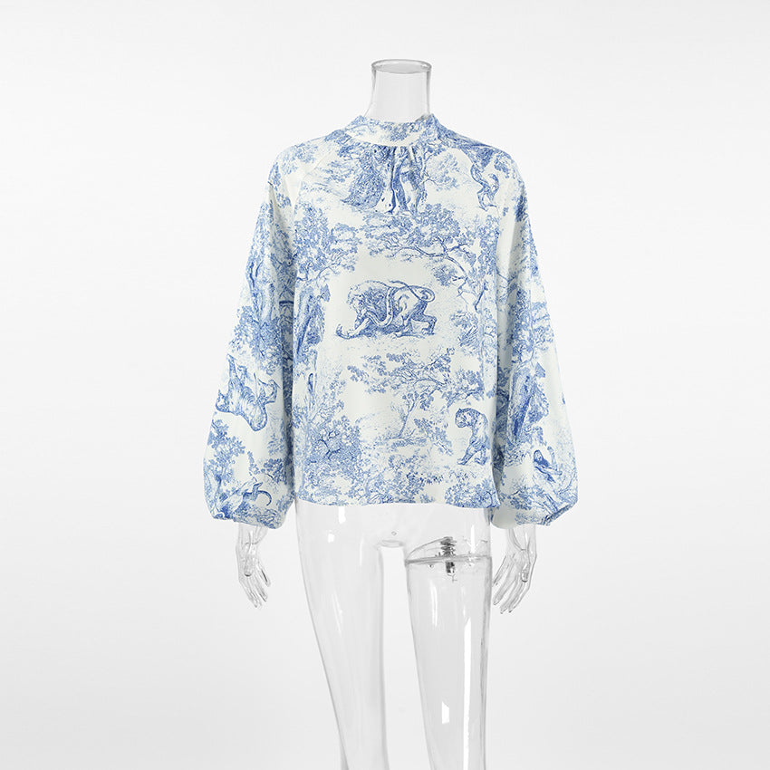 Women French loose lantern sleeves with flowing collar and printed tie shirt 9