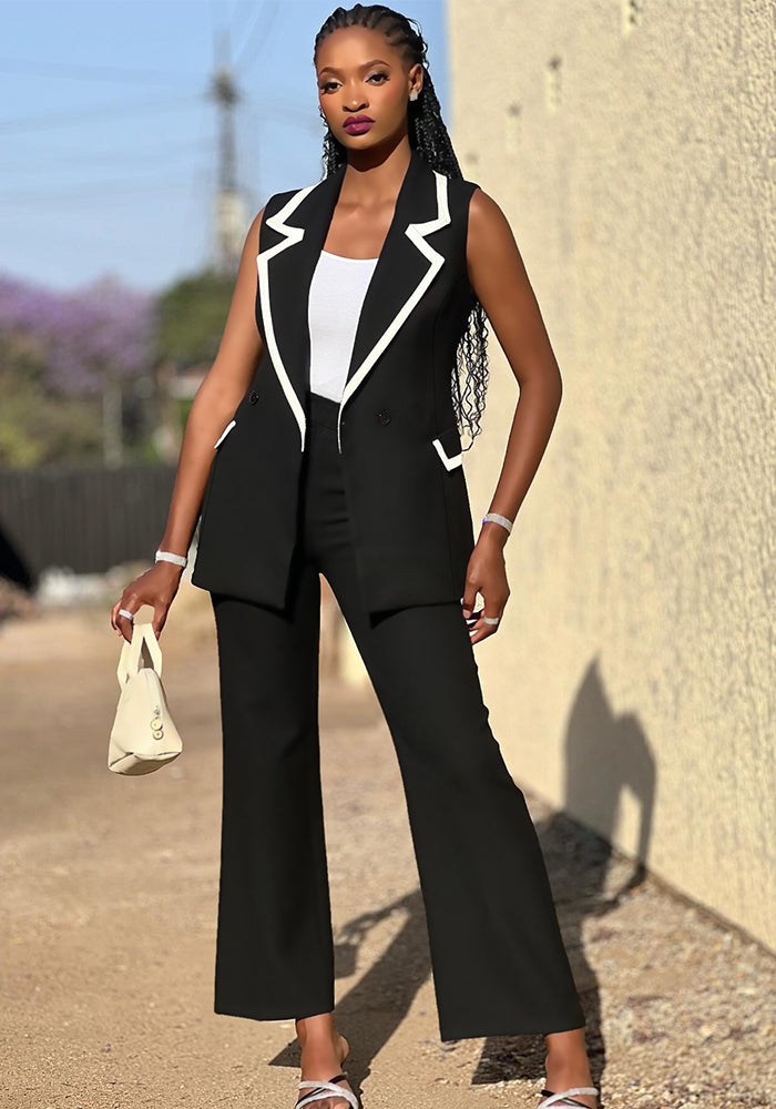 Women's Sleeveless Patchwork Contrast Color Vest Pants Two Piece Set