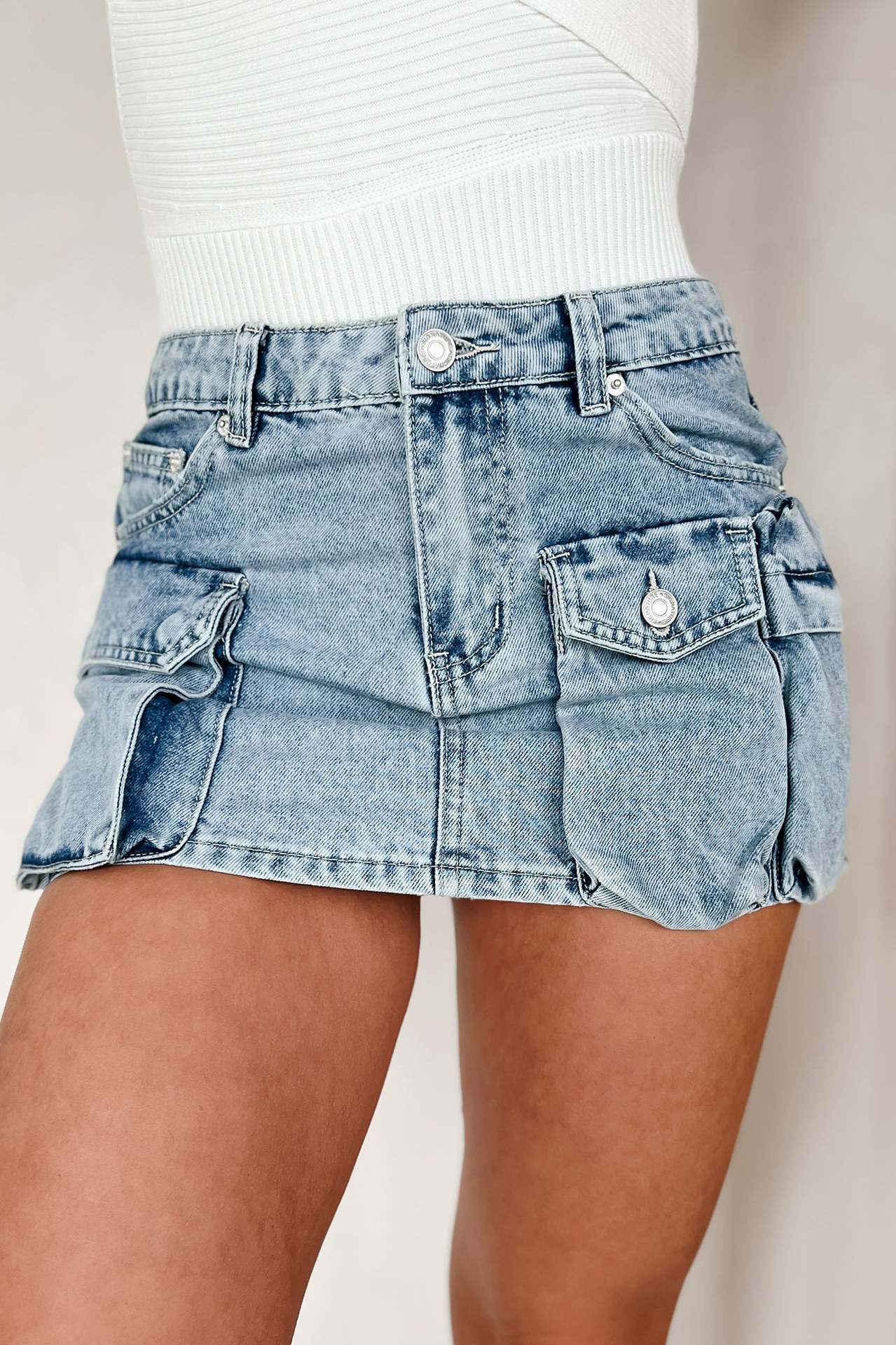 Women Summer Washed Style Pocket Asymmetrical Cargo Denim Skirt 7