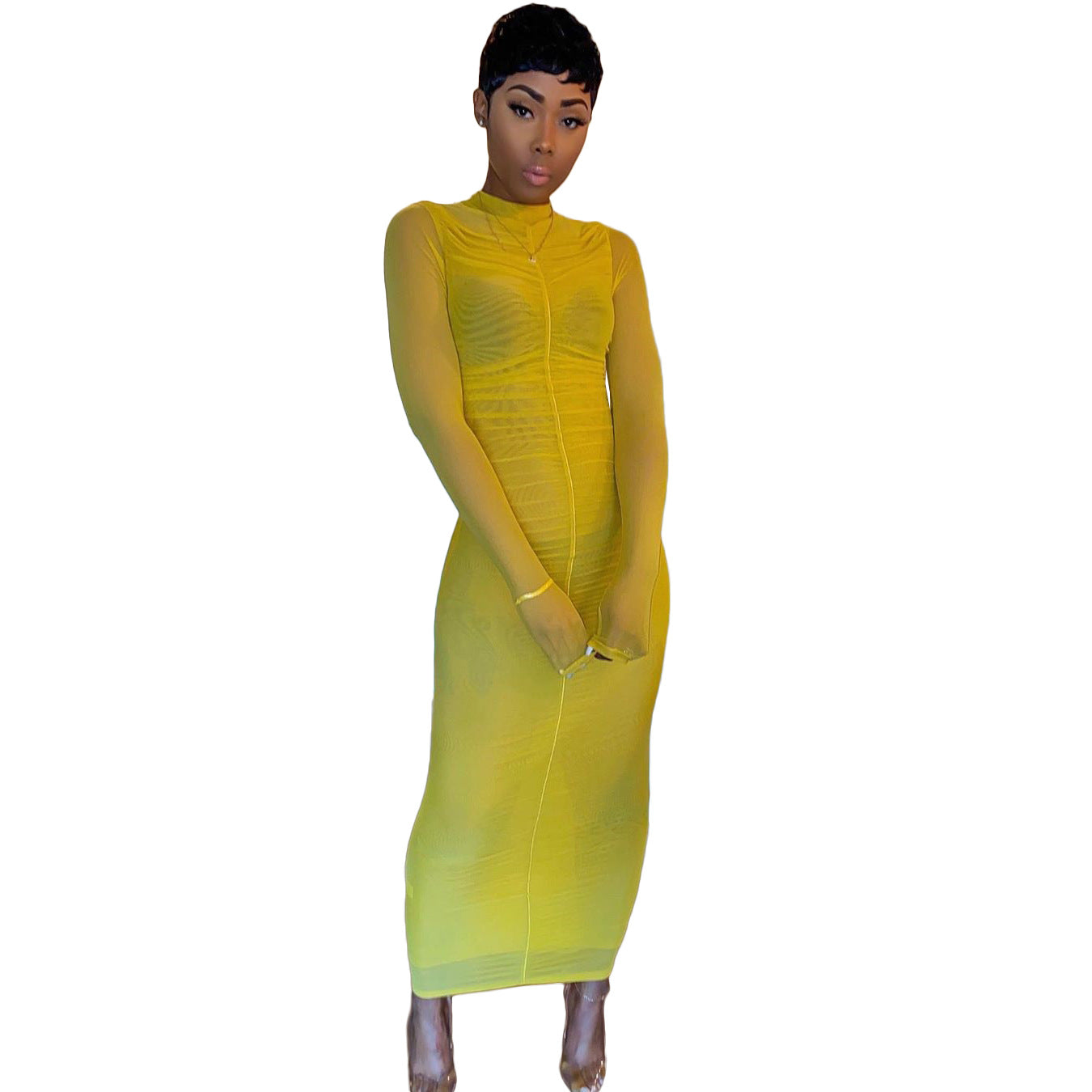 Women mesh Solid Pleated Dress 7