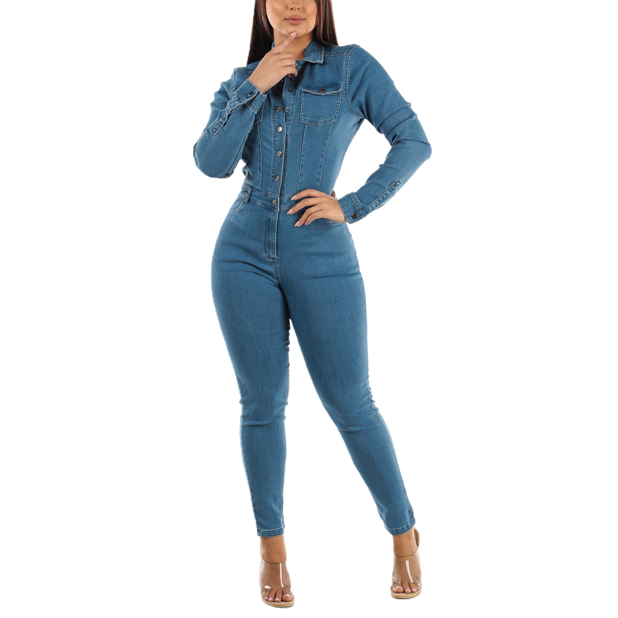 Slim Fit Long Sleeve Tiny Foot Washed Denim Jumpsuit