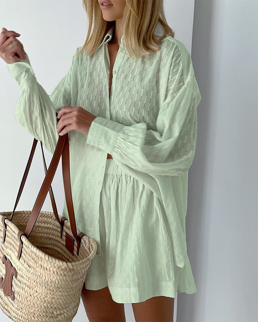 Summer Women Shirt Jacquard Puff Sleeve Top And Shorts Two-piece Set 9