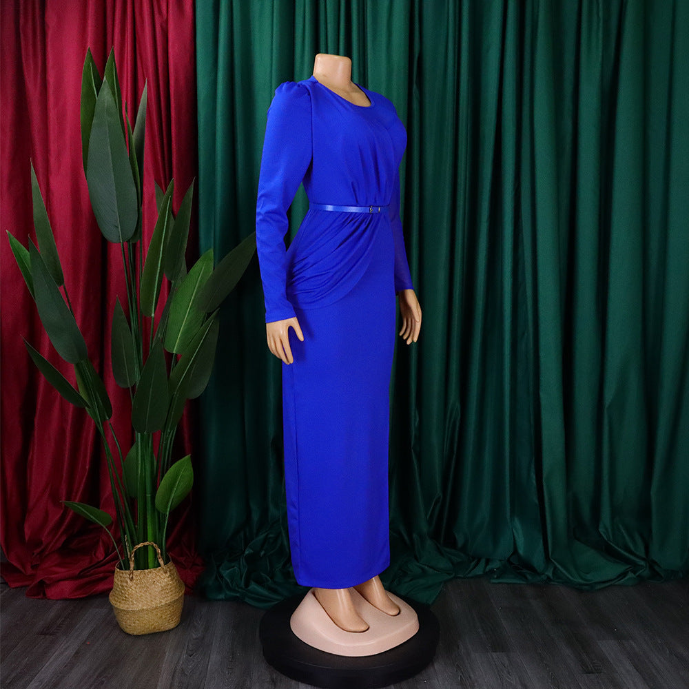 Summer Solid Round Neck Pleated Long Sleeve Plus Size Dress 13