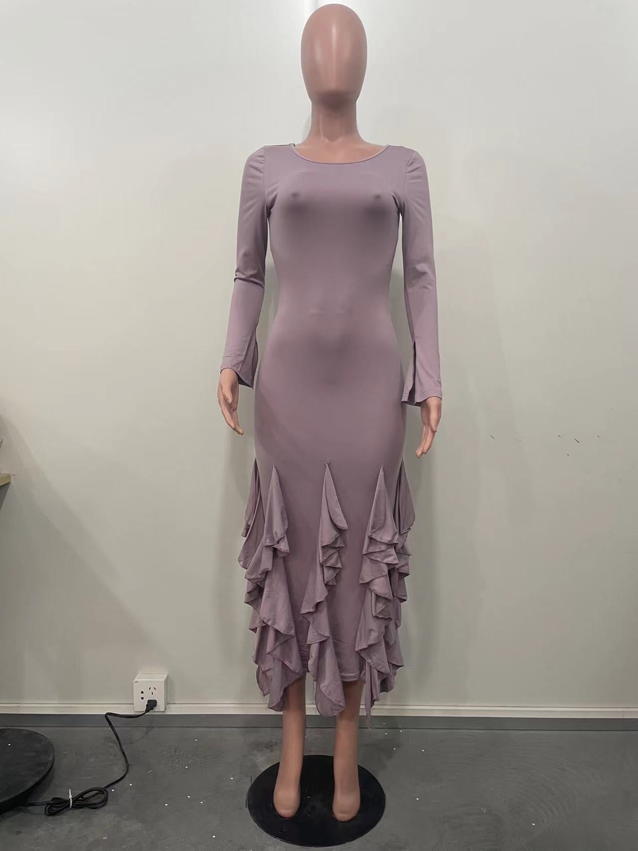 Autumn And Winter Solid Color Multi-Layered Ruffled Long-Sleeved Women's Long Dress 9