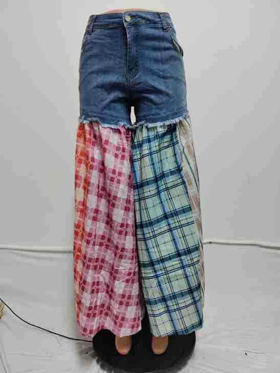Women Casual Patchwork Denim Wide Leg Pants 6