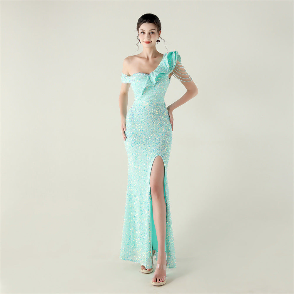Women one-shoulder pleated ruffled beaded chain sequined Formal Party evening dress 16