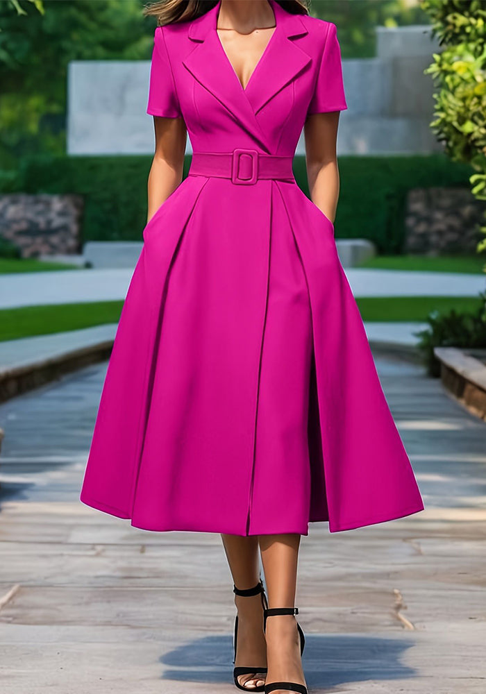 Summer Chic Short-Sleeve Turndown Collar Career Midi Dress