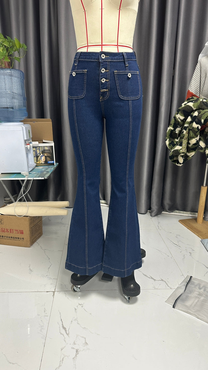 Spring Buttoned High Waist Denim Pants Women's Slim Fit Chic Bell Bottom Trousers 7