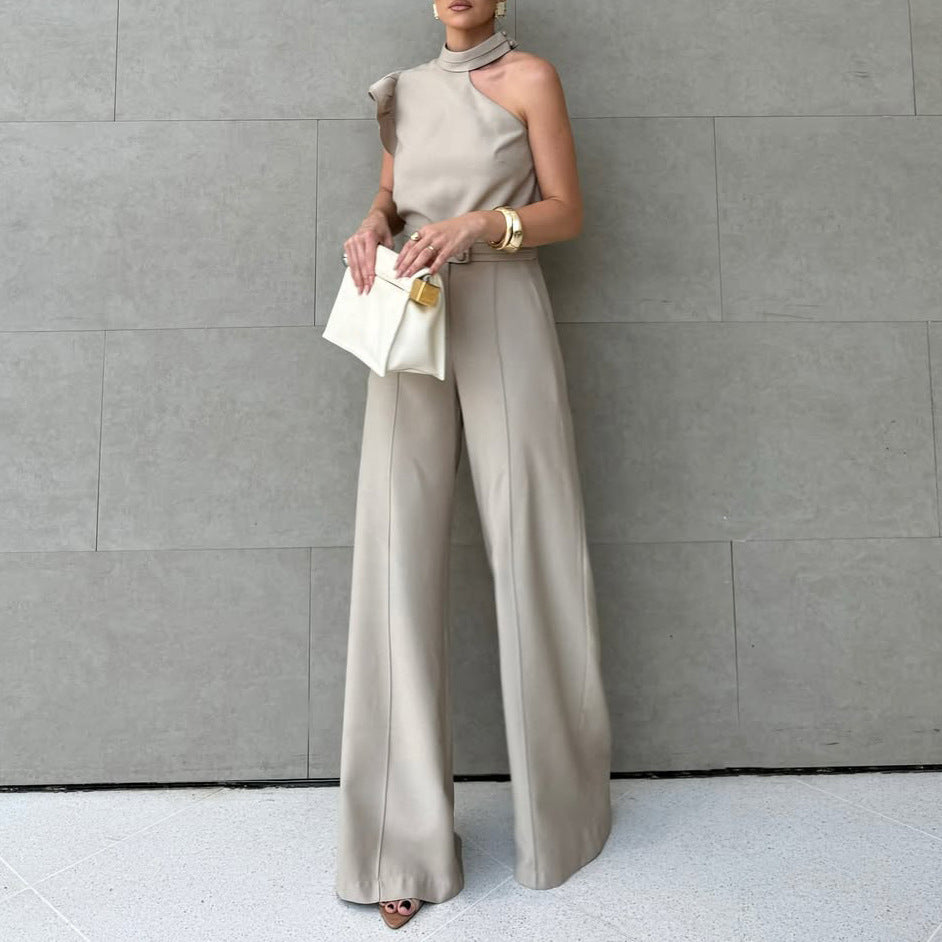 Halter Neck Top + Solid Straight-Leg Pants Two-Piece Set 4