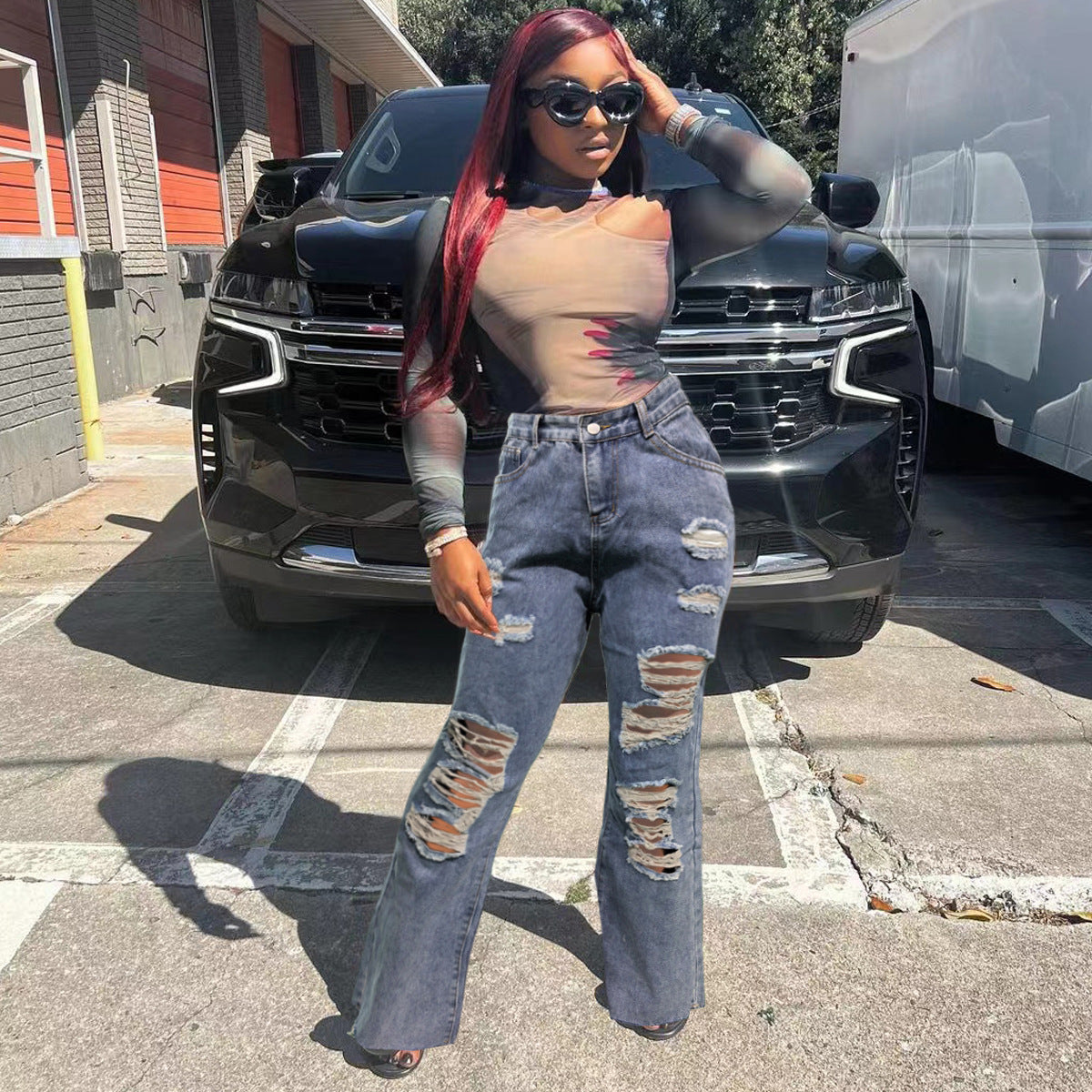 Women Pocket Ripped Straight Washed Denim Pants 4