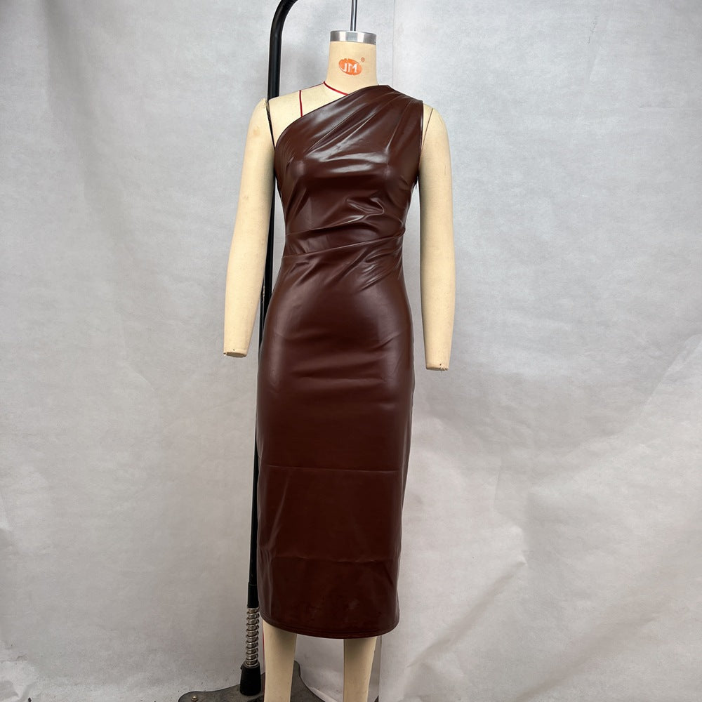Women's Slash Shoulder Pu Leather Sexy Nightclub Dress 6