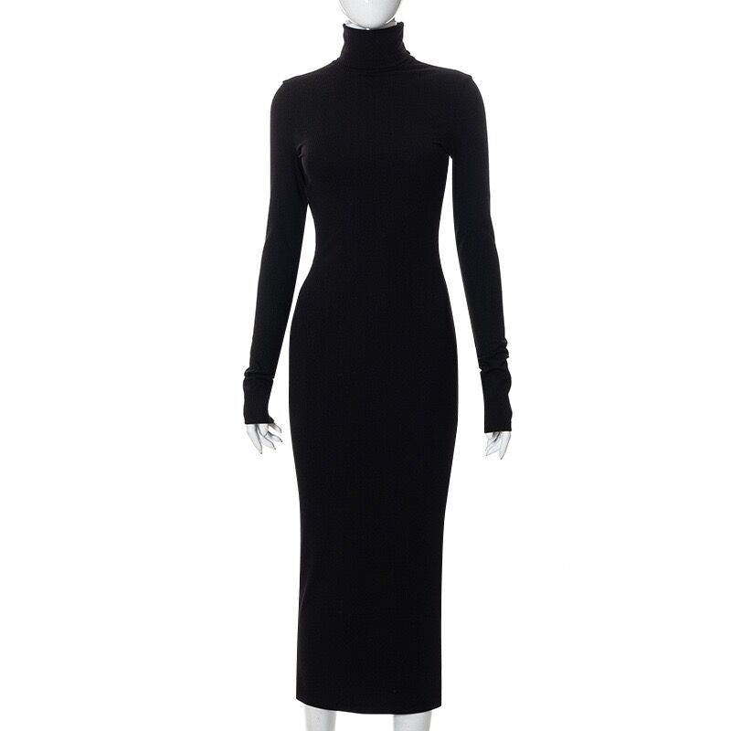 Women Fall Half Turtle Neck Long Sleeve Ribbed Dress 10