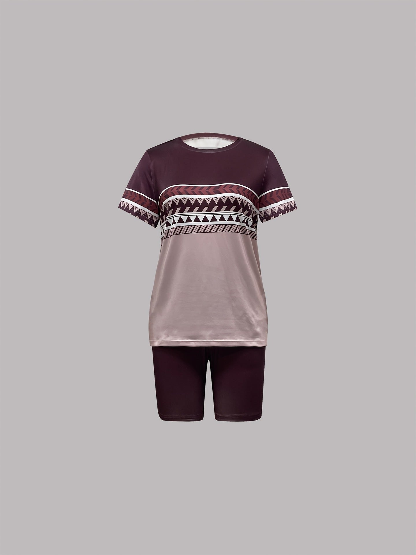 Women's Spring/Summer Geometric Stripe Round Neck T-Shirt & Tight-Fit Shorts Casual Set 38