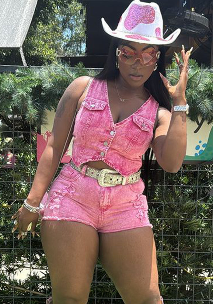 Stretch Denim Embroidered Vest Shorts Suit For Women