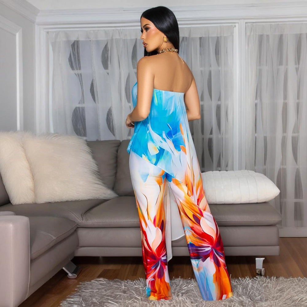 Women Printed Strapless Top and Long Pants Two-Piece Set 5