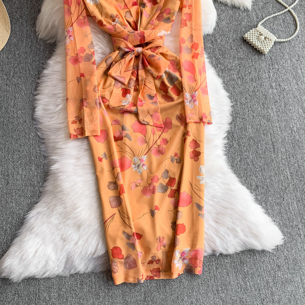 Women French Style Long-Sleeved V-Neck Lace-Up Maxi Print Bodycon Dress 27