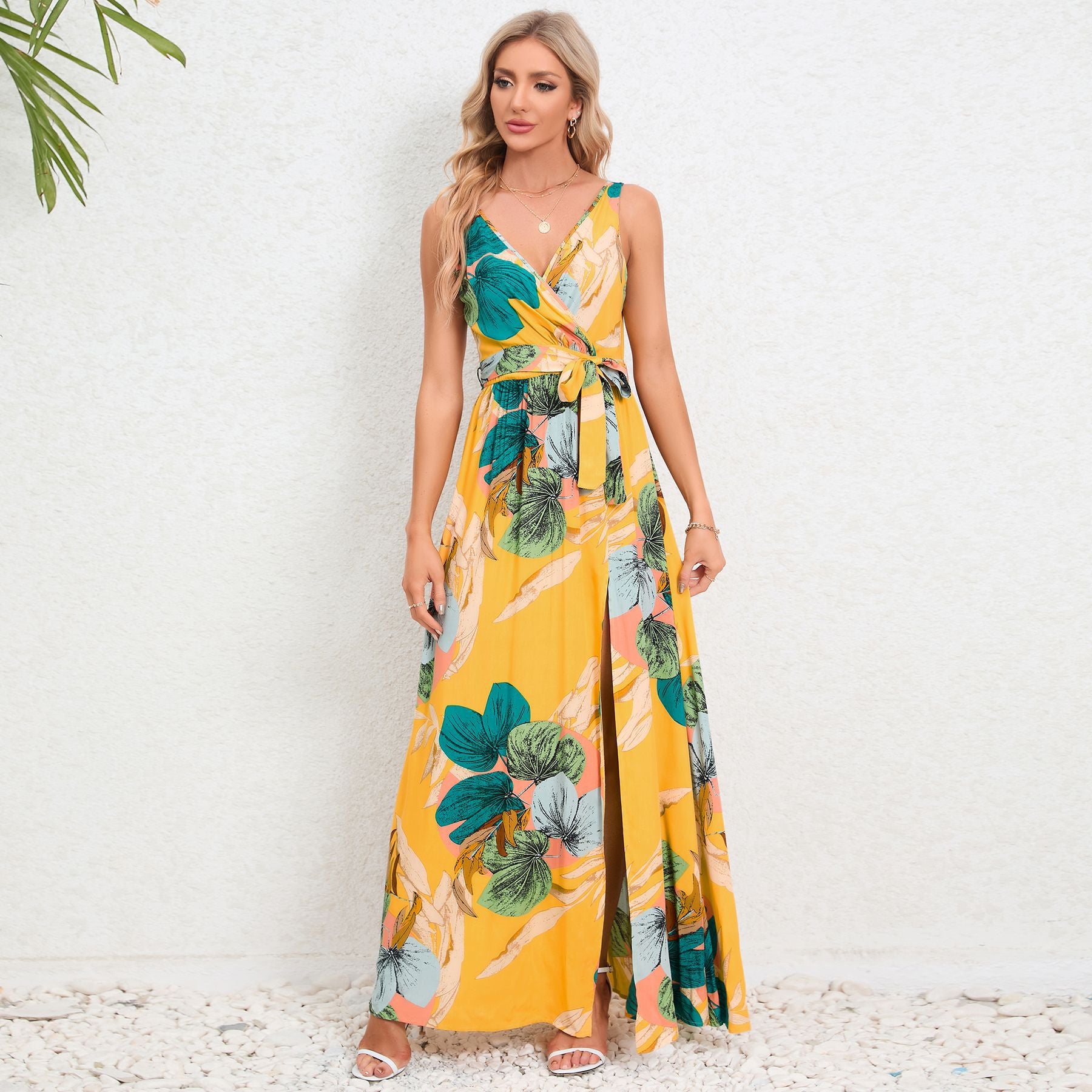 Summer Women's V-Neck Sleeveless Slit Printed Long Strap Dress 13