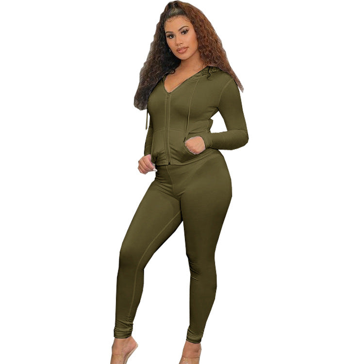 Women Casual Sports Running Fitness Zippered Hooded Top Long Pants Two-piece Set 18