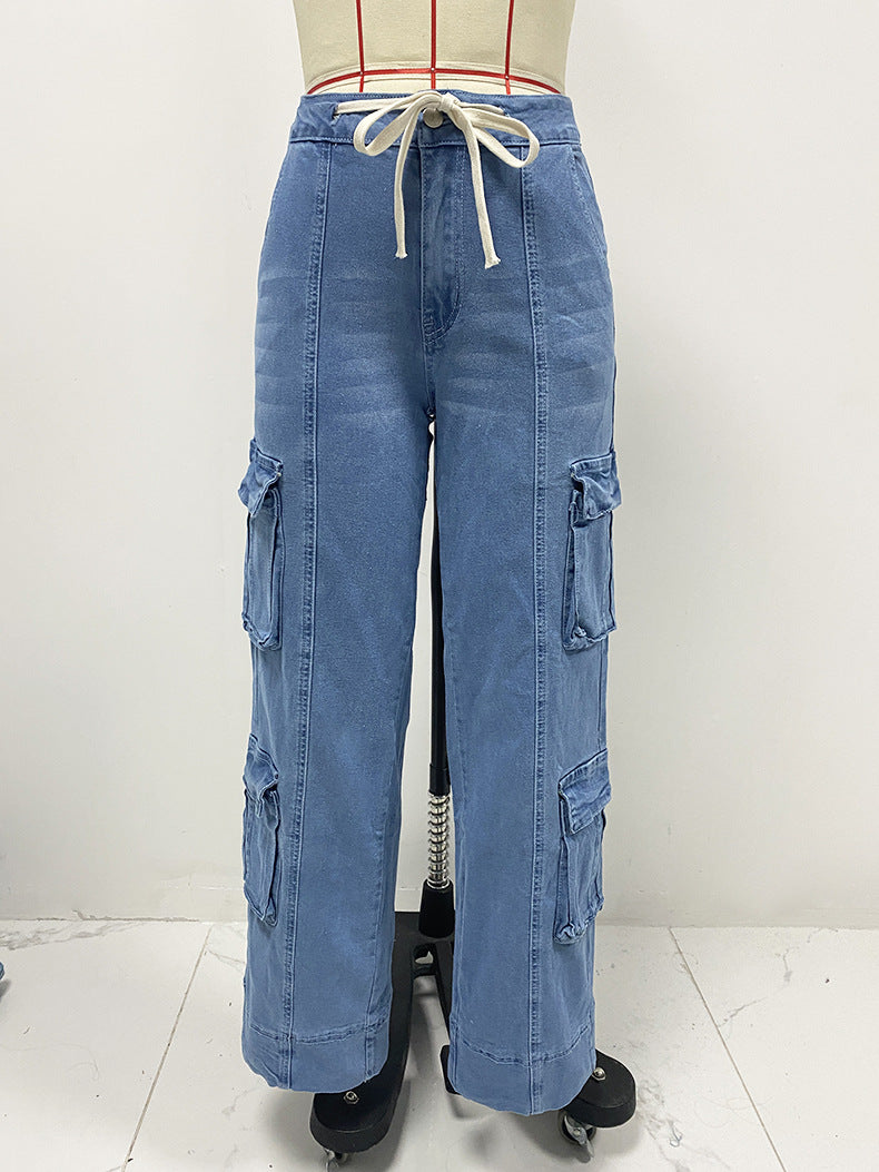 Spring Street Cargo Pants Women Multi-Pocket Wide-Leg Denim Pants 7