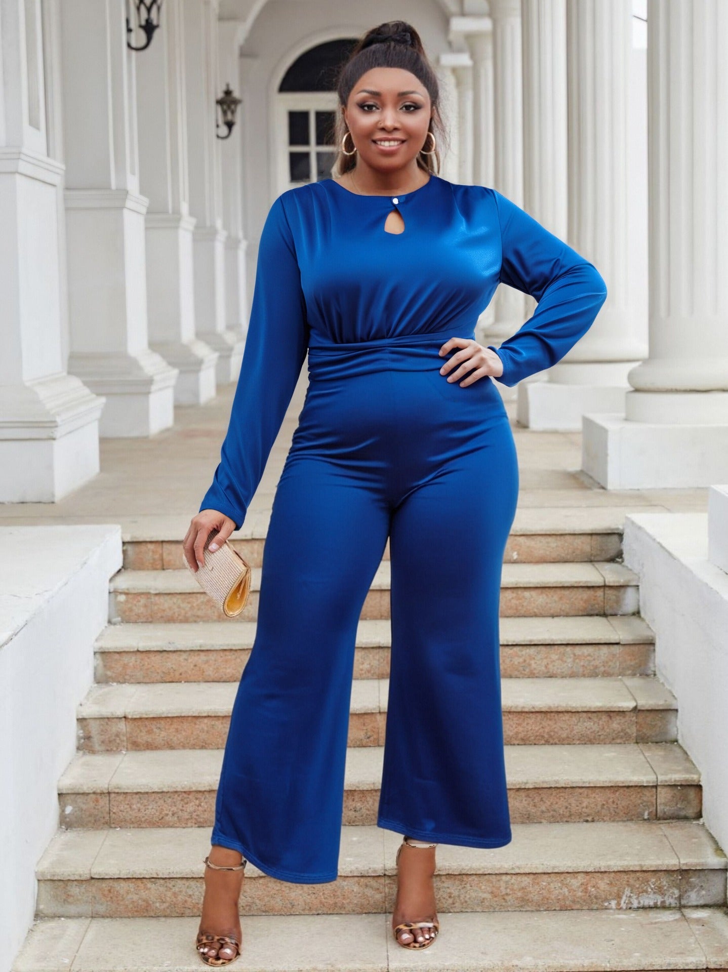 Plus Size Women Elegant Stretchy Hollow Wide Leg Jumpsuit 5