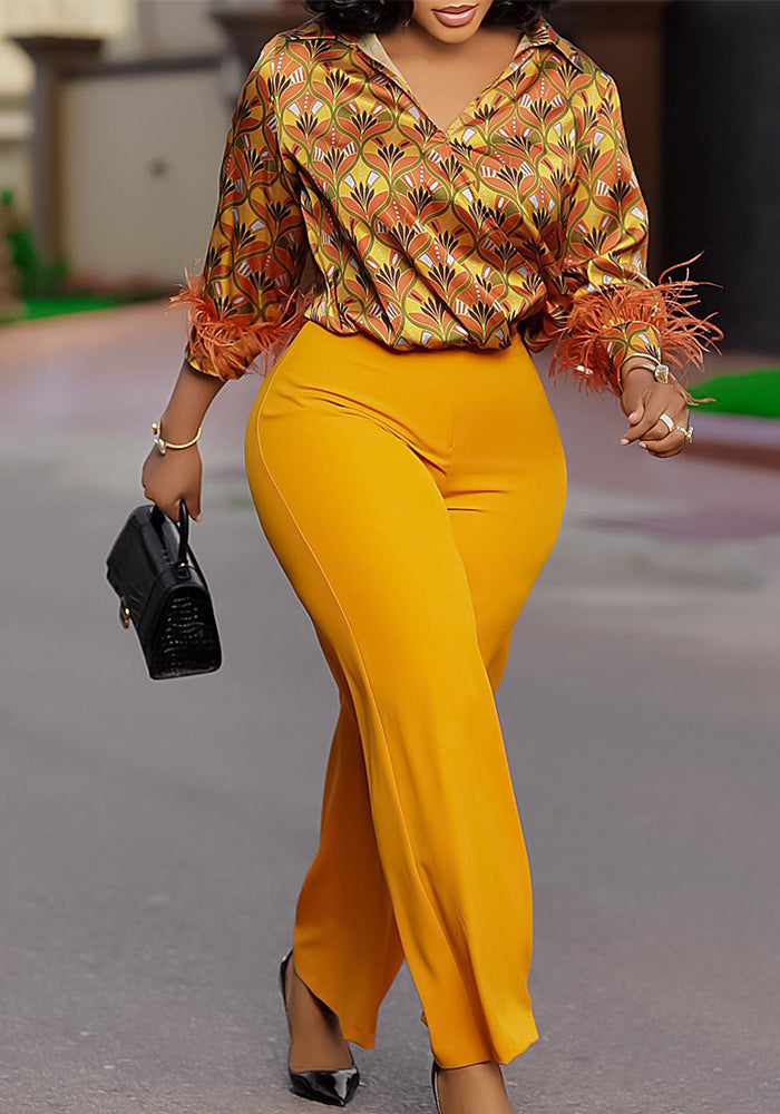 Women's Printed Long Sleeve Shirt Chic Elegant Wide Leg Pants Fashion African Suit