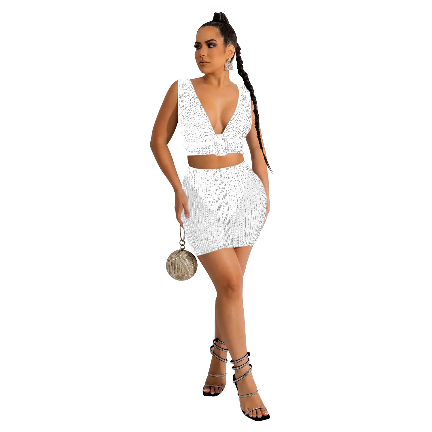 Women Mesh Beaded V-Neck Sleeveless Top and Skirt Two-Piece Set 11