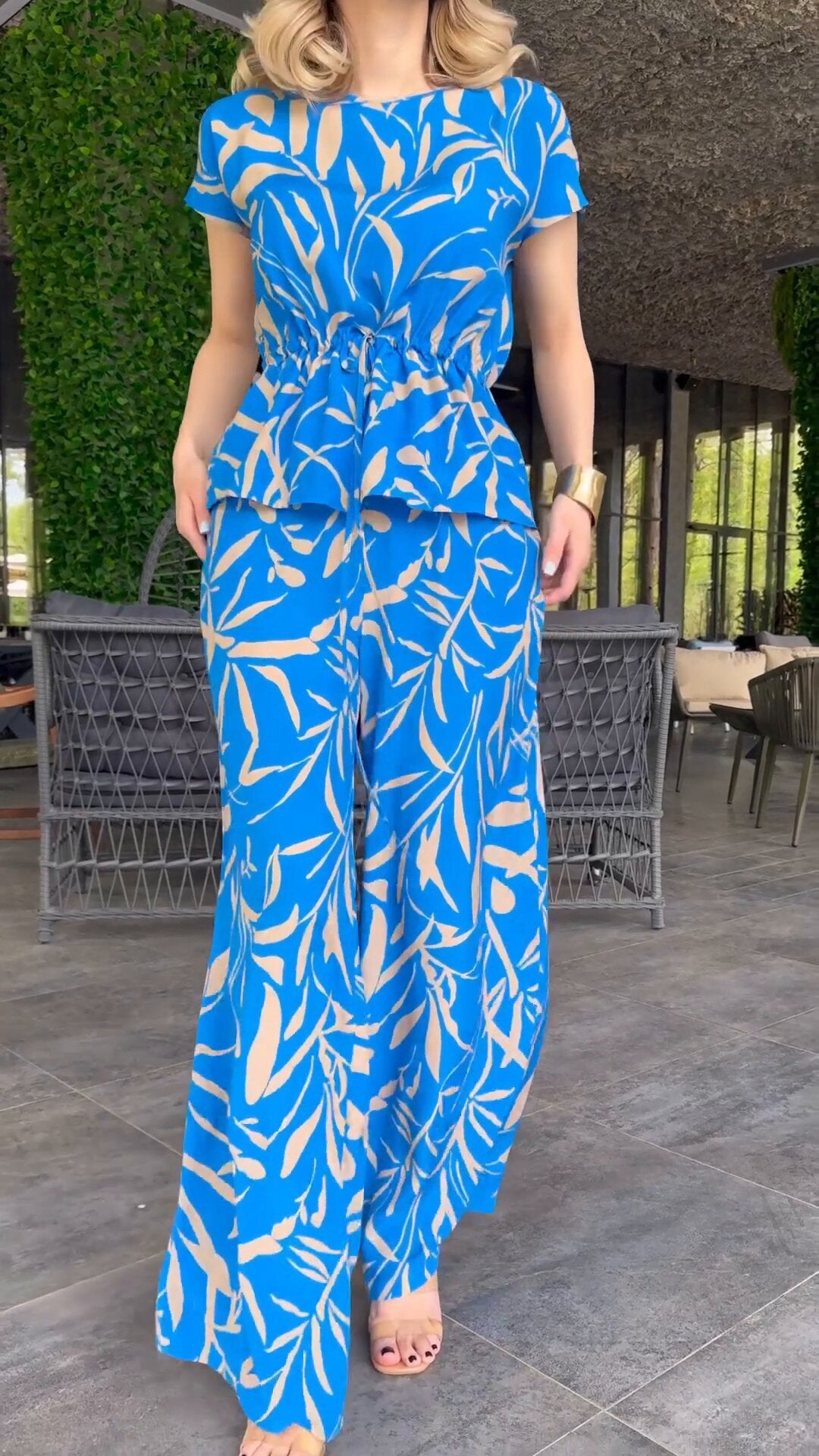 Women's Spring Summer Fashion Print Lace-Up Waist Top High Waist Wide Leg Pants Two-Piece Set 7