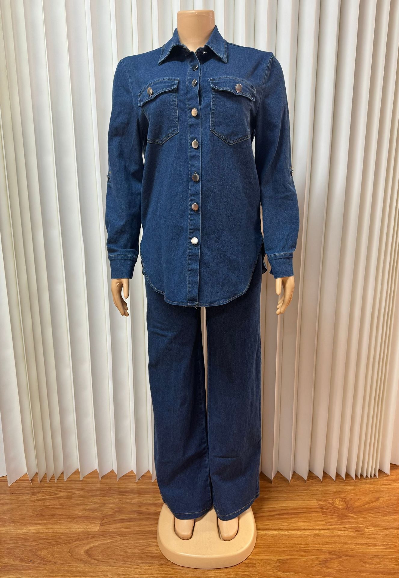 Women Turndown Collar Pocket Long-Sleeved Top and Two-Piece Pants Set 5