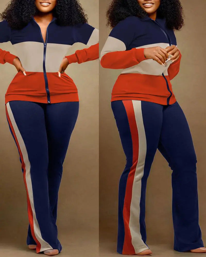 Women long-sleeved color-blocked zipper top and trousers two-piece set 11