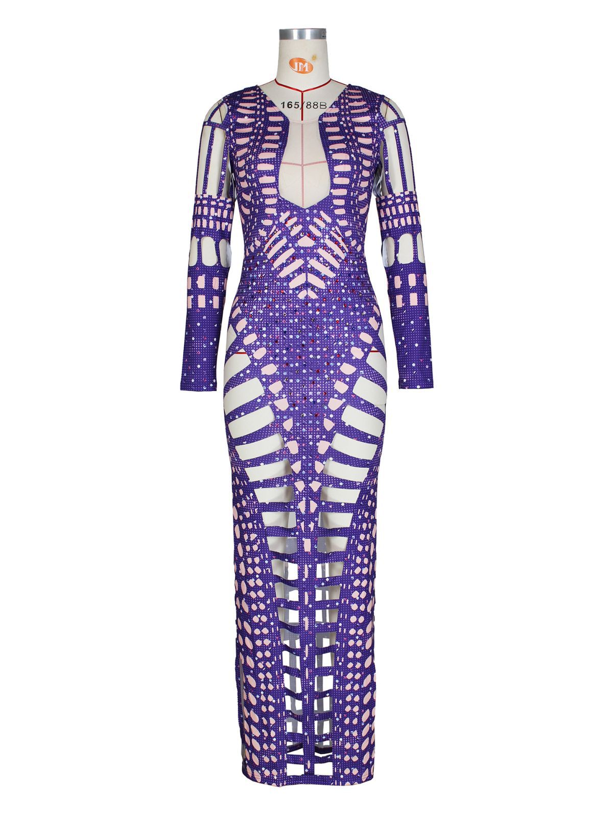 Women's Sexy Ripped Tight Fitting Hollow Out Beaded Print Maxi Dress 7
