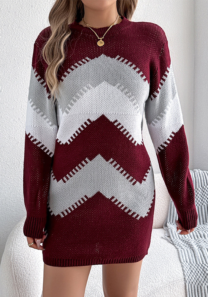 Autumn Winter Casual Color Block Lantern Sleeve Women Sweater Dress