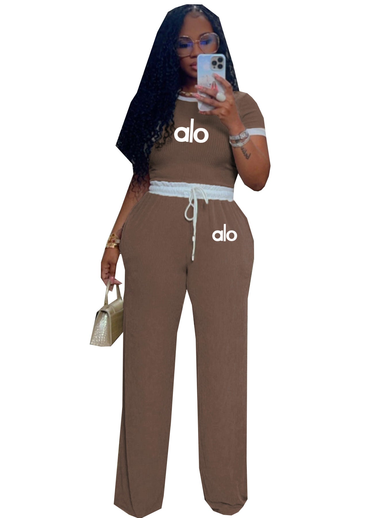 Women's Casual Street Rib Contrast Round Neck Short-Sleeve Two-Piece Pants Set 14