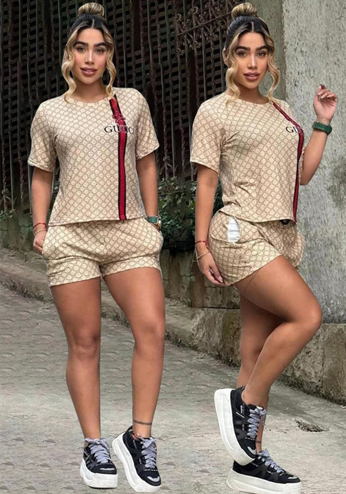 Women's Summer Fashion Casual Short Sleeve Pocket Two-Piece Shorts Set