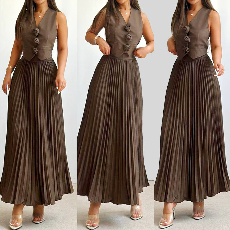 Women's Summer Flower Sleeveless Vest Top Pleated Long Skirt Two-Piece Set 7